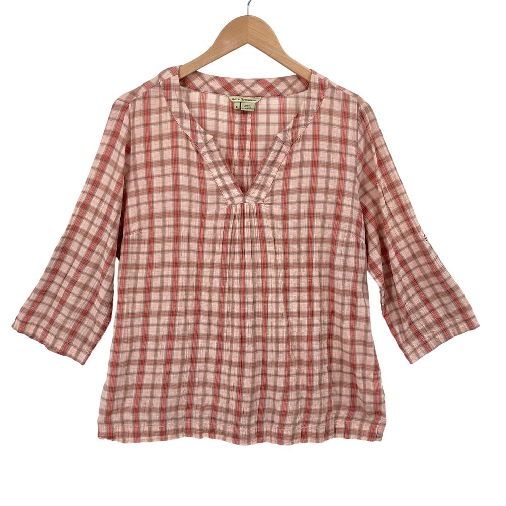 Royal Robbins Women's L Pink Plaid Cotton Popover Blouse 3/4 Sleeve Travel Boho